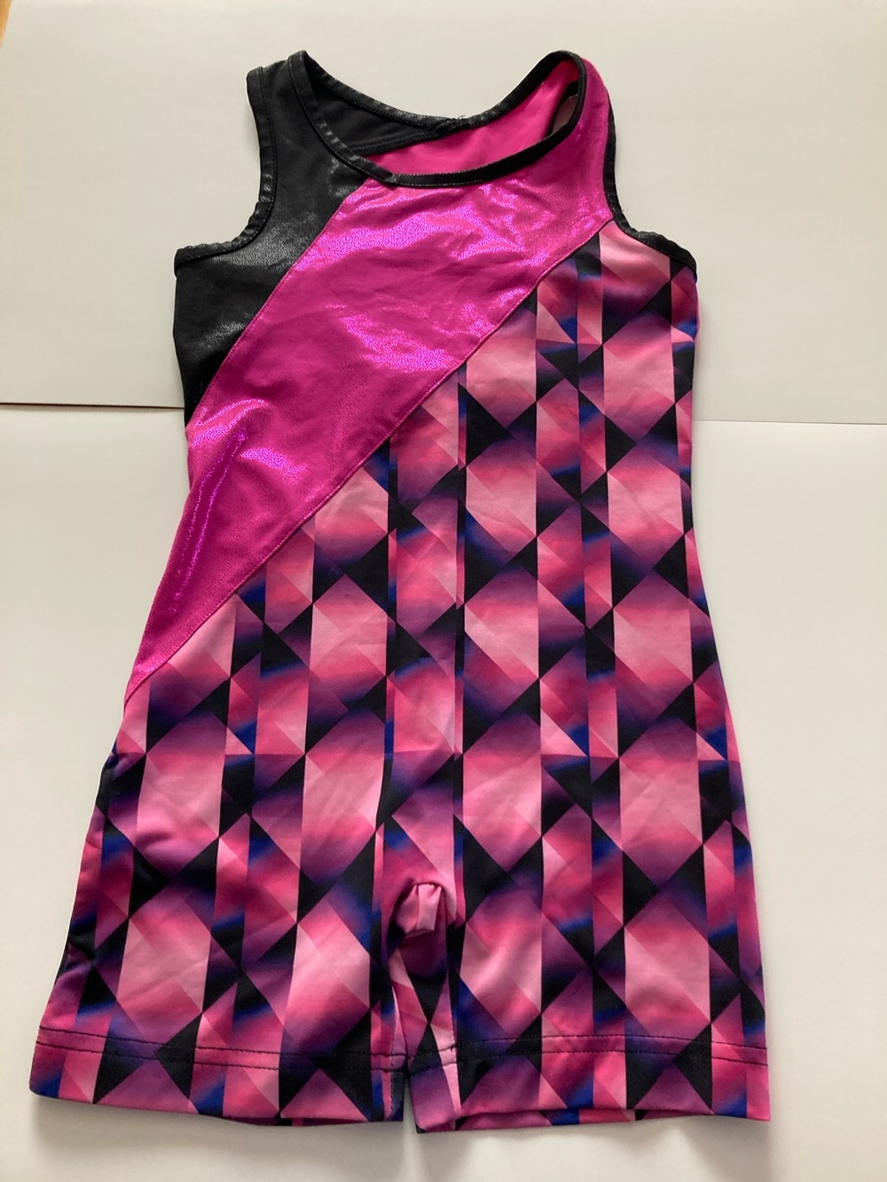 Danskin Now Girls Pink and Black Geometric Gymnastics Leotard Short Unitard